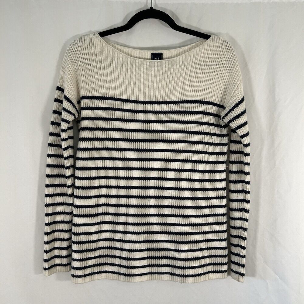 Gap Sweater Women's XS Beige Blue Striped Knit Merino Wool Blend Round Neck